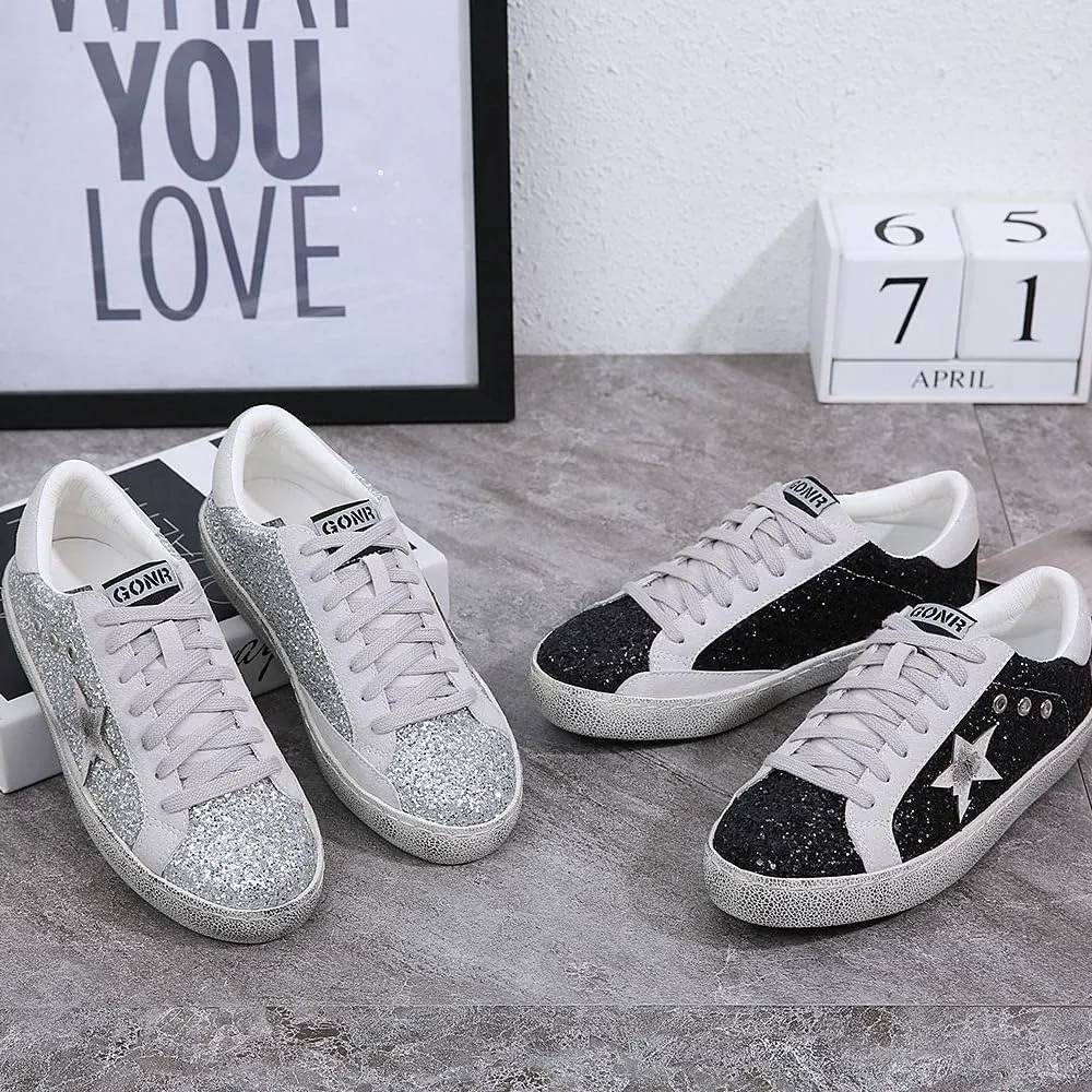 Women's Fashion Star Sneaker Glitter Sparkly Fashion Shiny Casual Bling Sequin Concert Shoes Canvas Low Top Lace Up Comfortable Cushioned Walking for Street Wedding Party Night Club