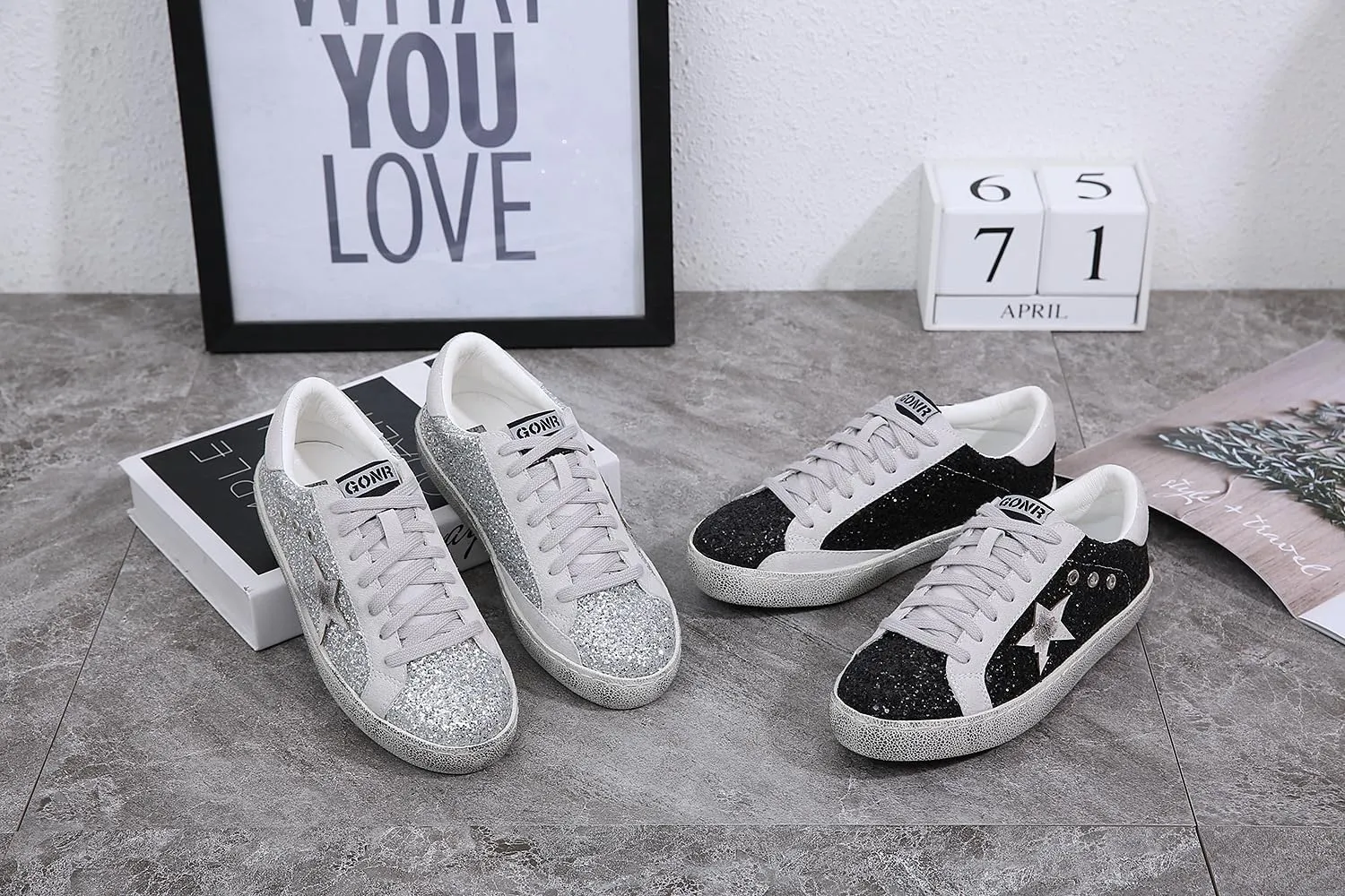 Women's Fashion Star Sneaker Glitter Sparkly Fashion Shiny Casual Bling Sequin Concert Shoes Canvas Low Top Lace Up Comfortable Cushioned Walking for Street Wedding Party Night Club