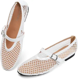 Women's Fishnet Mesh Ballet Flats with Buckle, Slip-On Dress Mary Jane Flats for Women, Elegant Lightweight Ballerina Shoes, Breathable Comfortable Wedding Party Shoe, Stylish Casual Footwear