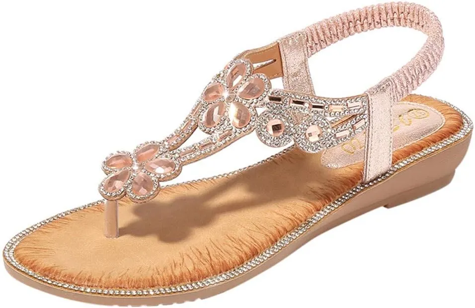 Women's Flat Sandals Boho Summer Rhinestone Beach Sandals，Womens Sandals Flip Flops Slipper Ankle Elastic T-Strap Flower Crystal Bohemia Shoes