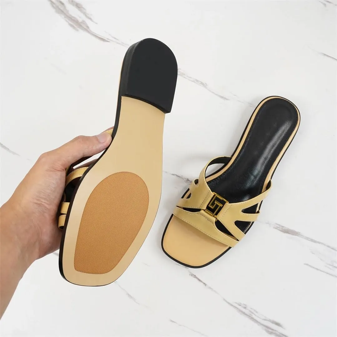 Women's Flat Summer Slippers Genuine Leather Handmade Luxury Banquet Shoes Pull On Elegant Design Sandals