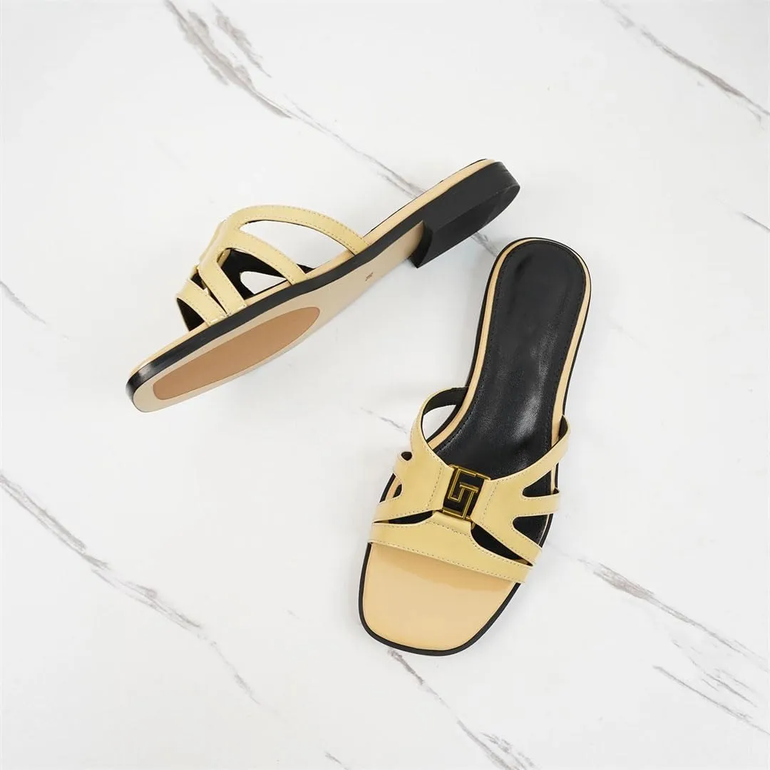 Women's Flat Summer Slippers Genuine Leather Handmade Luxury Banquet Shoes Pull On Elegant Design Sandals