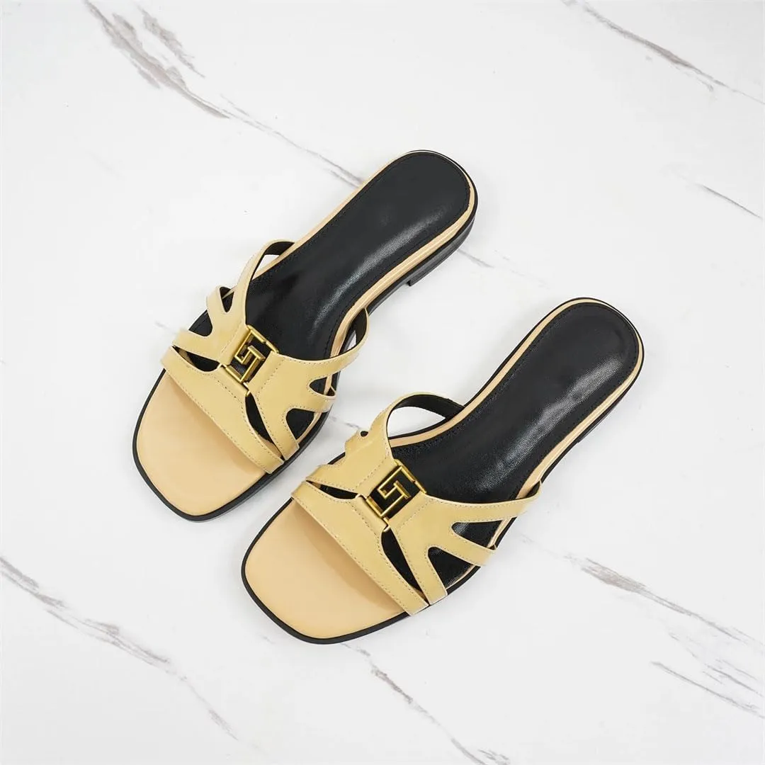 Women's Flat Summer Slippers Genuine Leather Handmade Luxury Banquet Shoes Pull On Elegant Design Sandals