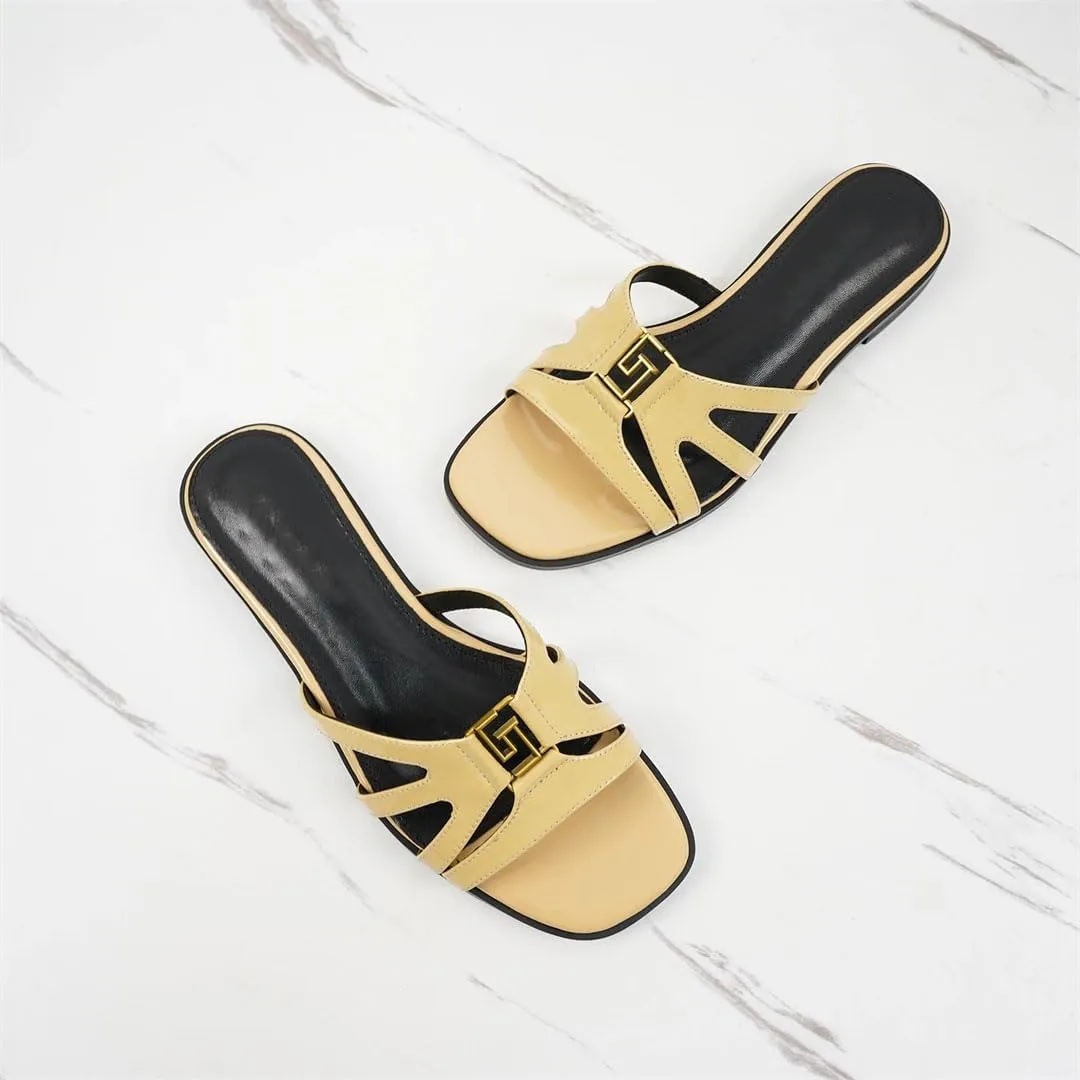 Women's Flat Summer Slippers Genuine Leather Handmade Luxury Banquet Shoes Pull On Elegant Design Sandals