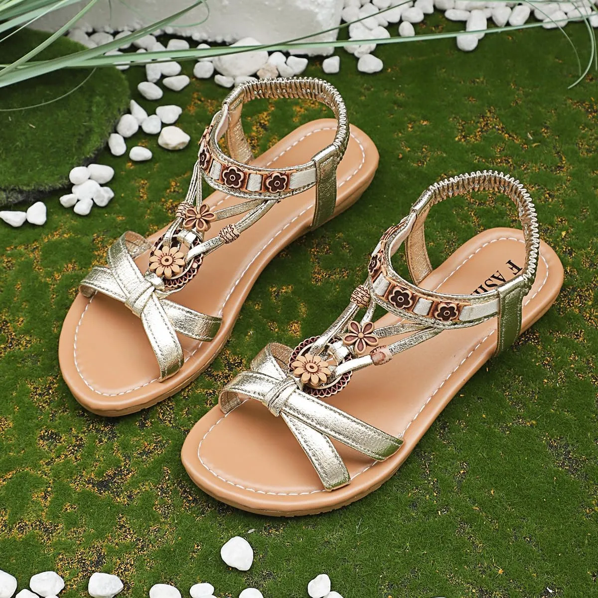 Women's Flats Sandals Summer Bohemian Beaded Dress Shoes Comfortable Walking Summer Slip on Womens Sandal