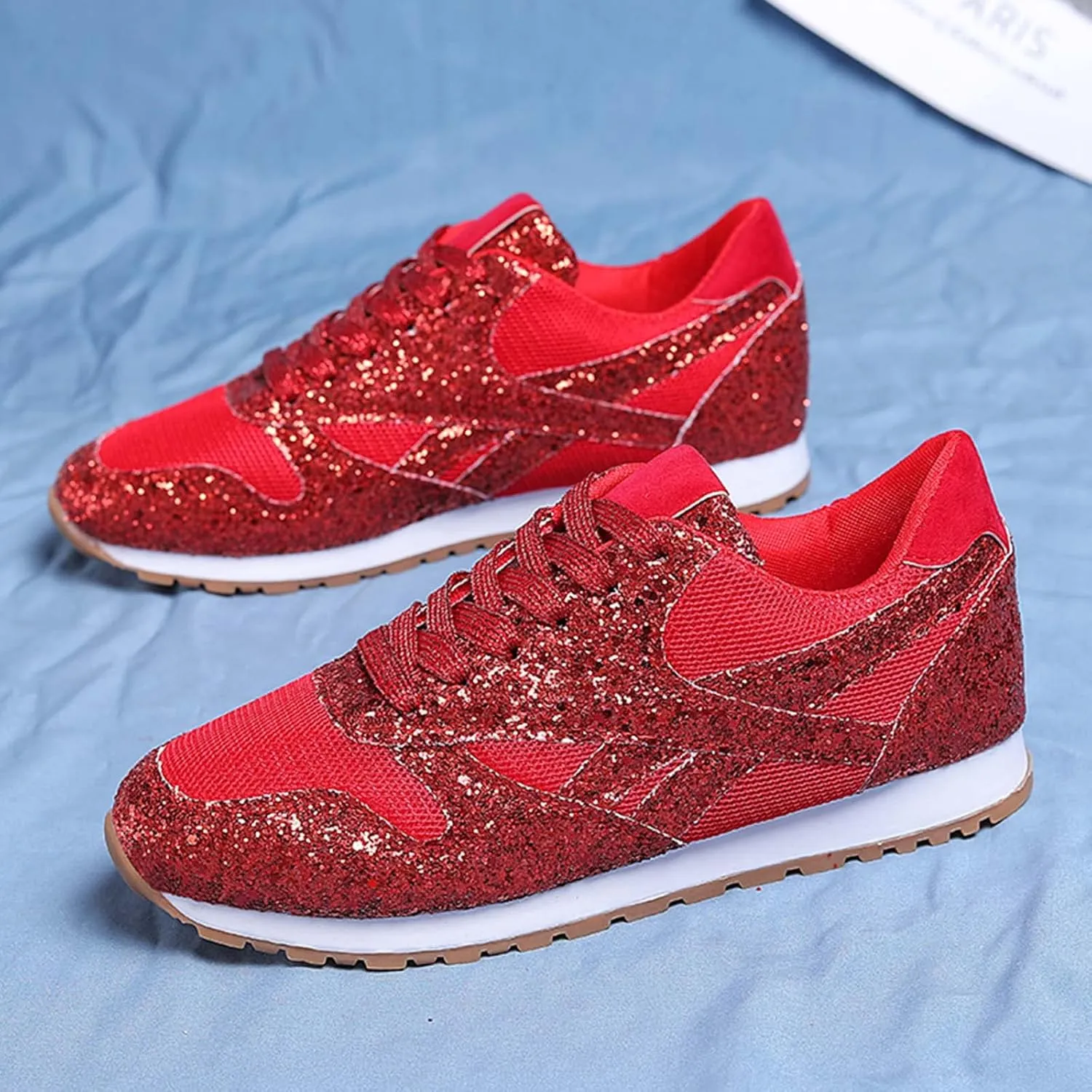 Women's Glitter Sneakers Lace up Casual Flat Sparkle Walking Shoes