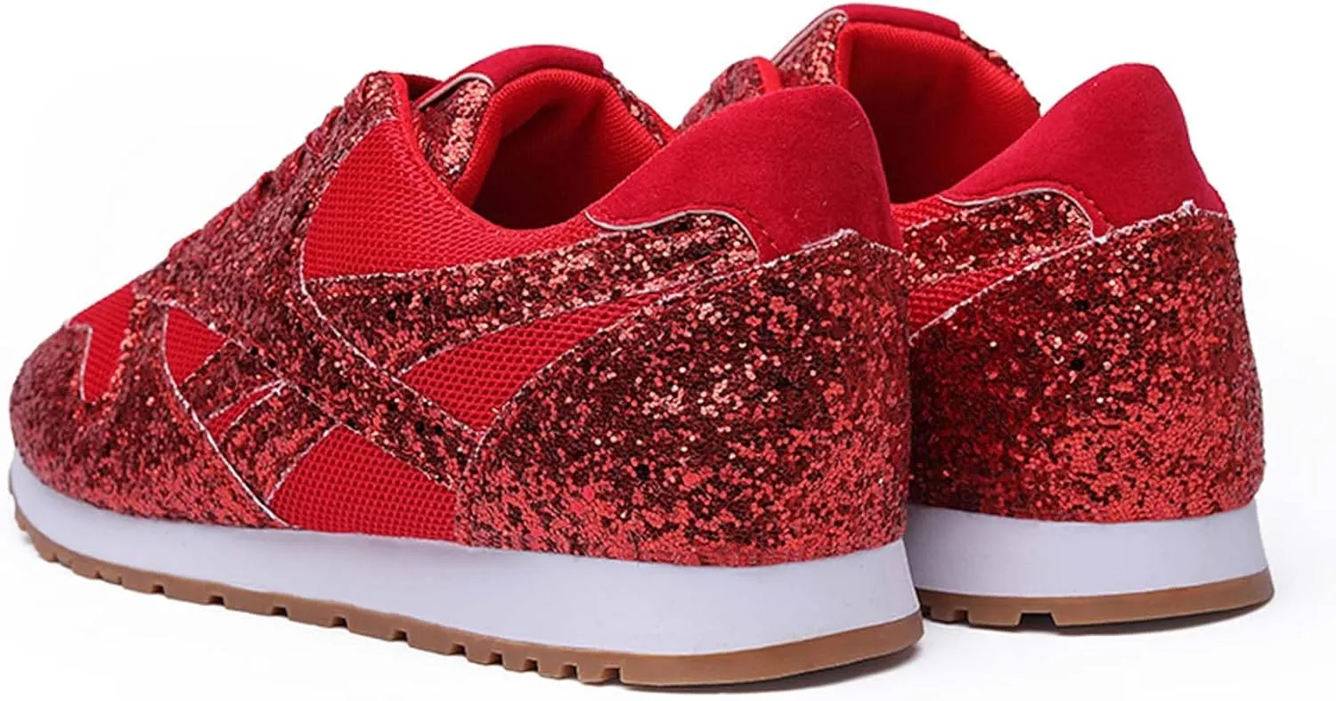 Women's Glitter Sneakers Lace up Casual Flat Sparkle Walking Shoes