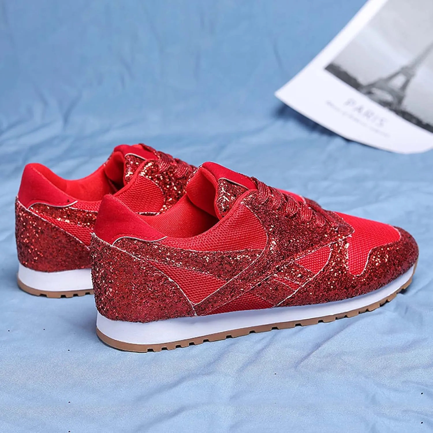 Women's Glitter Sneakers Lace up Casual Flat Sparkle Walking Shoes