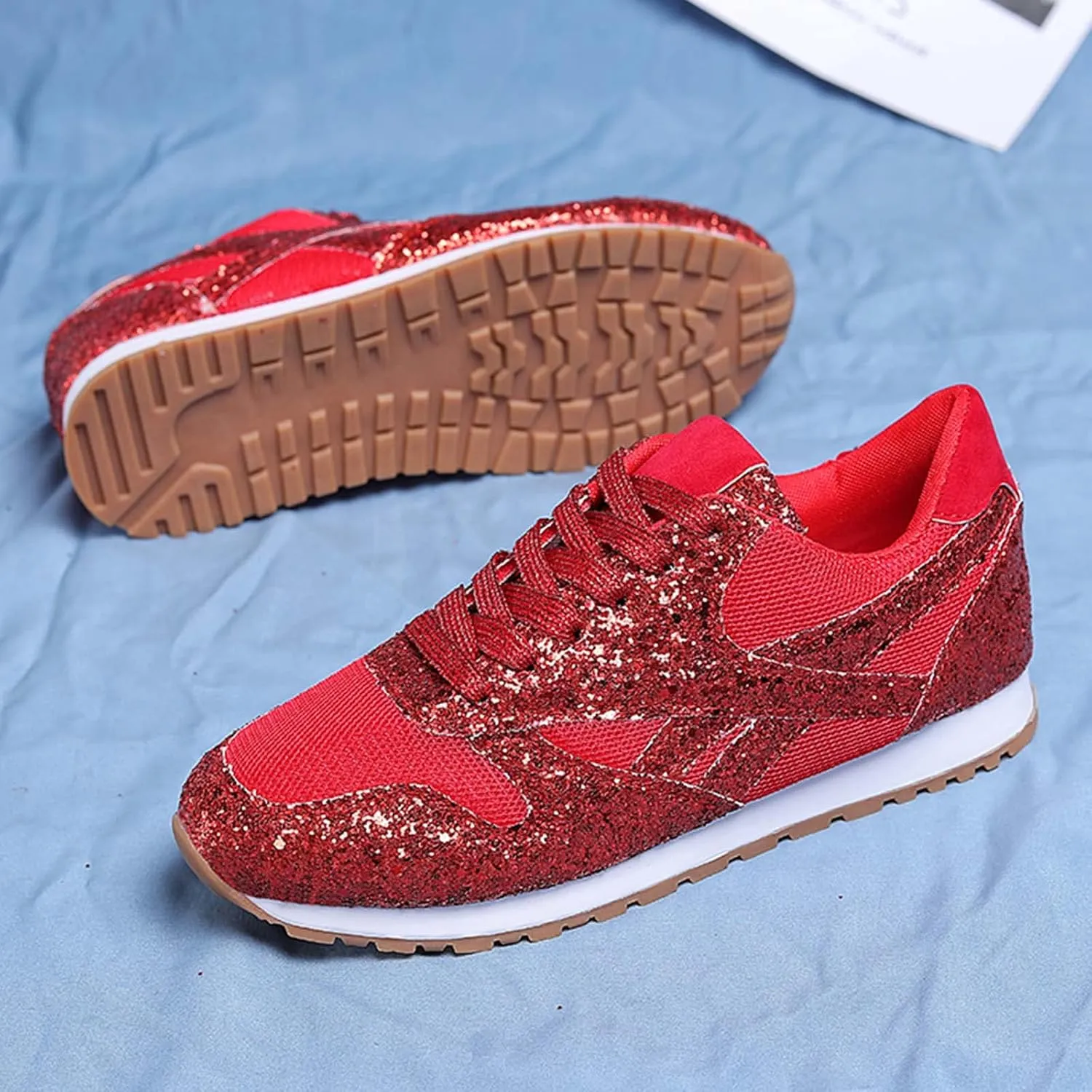 Women's Glitter Sneakers Lace up Casual Flat Sparkle Walking Shoes