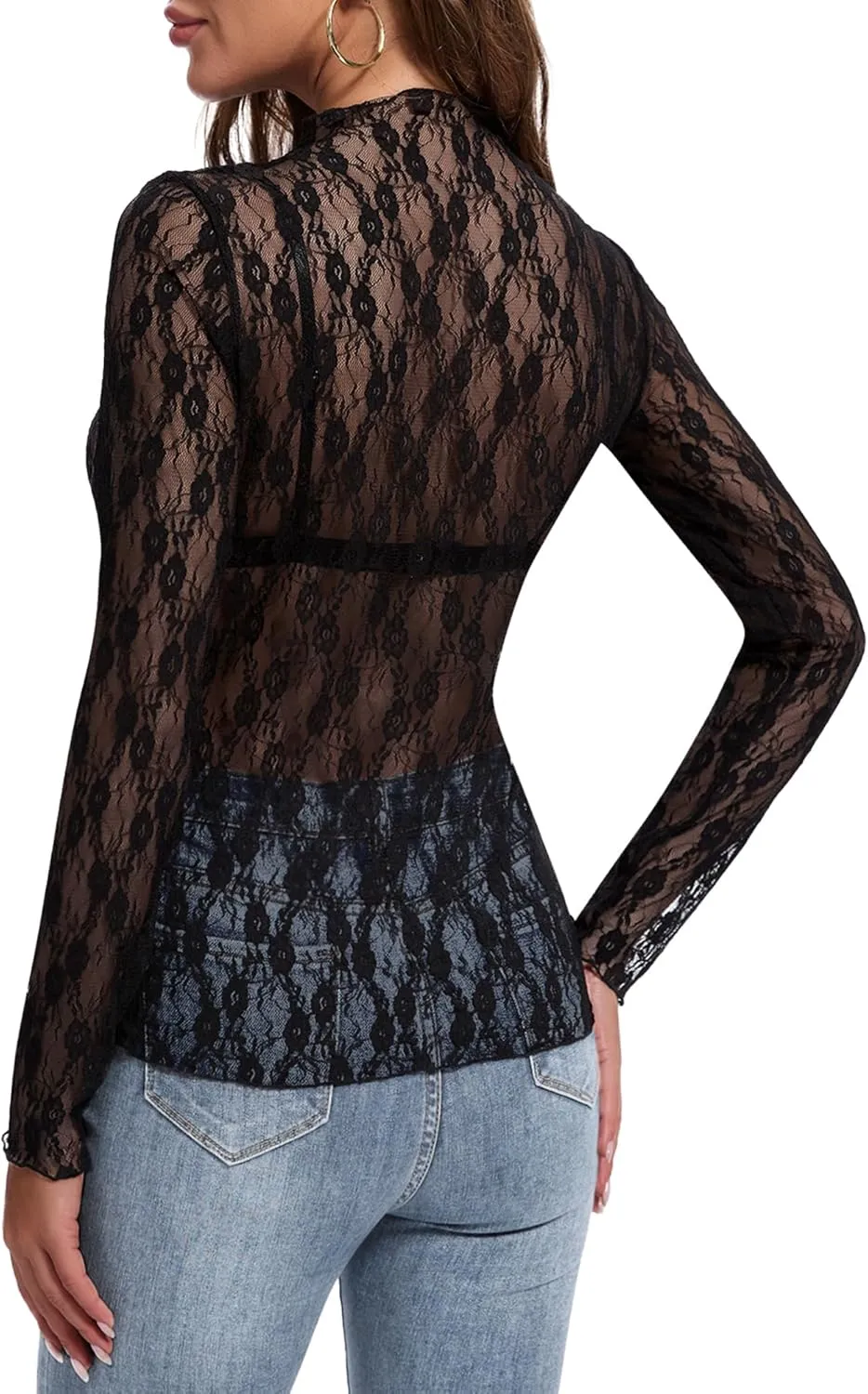 Womens Lace Mesh Long Sleeve Top Floral Sheer See Through Sexy Tops Mock Neck Shirts Party Club Night Blouses