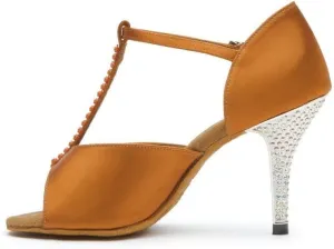 Women's Latin Dance Shoes Heeled Sandals Jazz Waltz Salsa Wedding Shoes Crystal Heel Peep Toe Tan Satin #222, 4.5-11