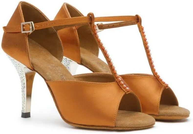 Women's Latin Dance Shoes Heeled Sandals Jazz Waltz Salsa Wedding Shoes Crystal Heel Peep Toe Tan Satin #222, 4.5-11