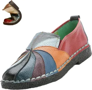 Women's Leather Colorblock Slip-on Casual Shoes,Vintage Comfy Hand-Stitching Non-Slip Softsole Walking Flat Loafers