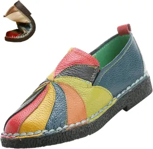 Women's Leather Colorblock Slip-on Casual Shoes,Vintage Comfy Hand-Stitching Non-Slip Softsole Walking Flat Loafers