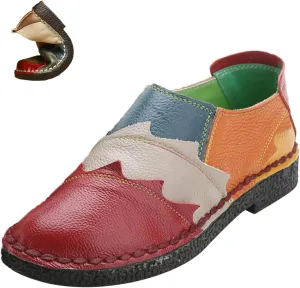 Women's Leather Colorblock Slip-on Casual Shoes,Vintage Comfy Hand-Stitching Non-Slip Softsole Walking Flat Loafers