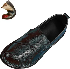 Women's Leather Colorblock Slip-on Flat Shoes,Vintage Comfy Hand-Stitching Softsole Driving Walking Casual Loafers