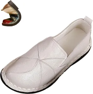 Women's Leather Colorblock Slip-on Flat Shoes,Vintage Comfy Hand-Stitching Softsole Driving Walking Casual Loafers