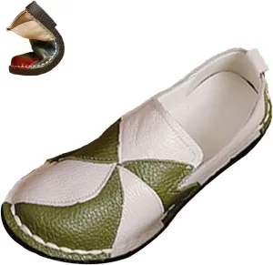 Women's Leather Colorblock Slip-on Flat Shoes,Vintage Comfy Hand-Stitching Softsole Driving Walking Casual Loafers