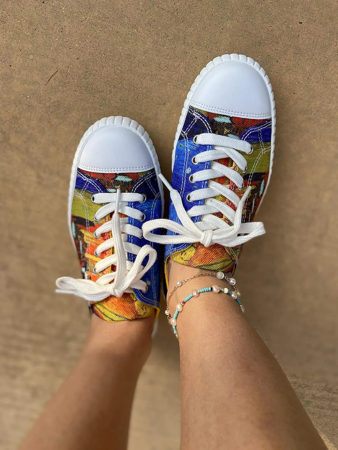 Women’s Low Top Platform Lace Up Canvas Van Gogh Shoes - Casual Fashion & Walking Sneakers Famous Print Art