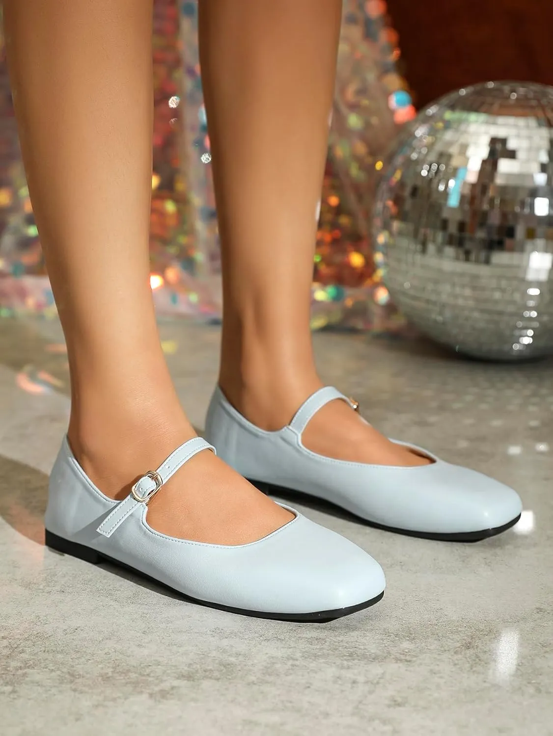 Women's Mary Jane Ballet Flats, Pink Leather, Square Toe, Buckle Strap