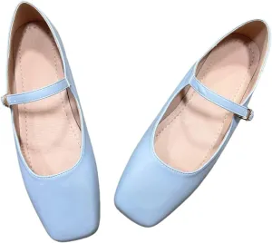 Women's Mary Jane Ballet Flats, Pink Leather, Square Toe, Buckle Strap