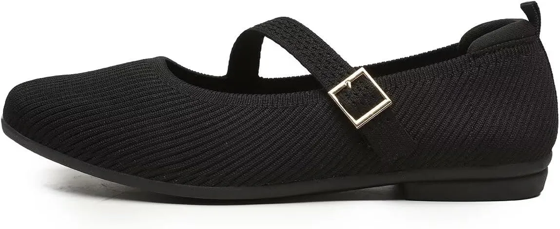 Women's Mary Jane Ballet Flats Square Toe Knit Ballerina Walking Dressy Office Slip-on Shoes with Strap