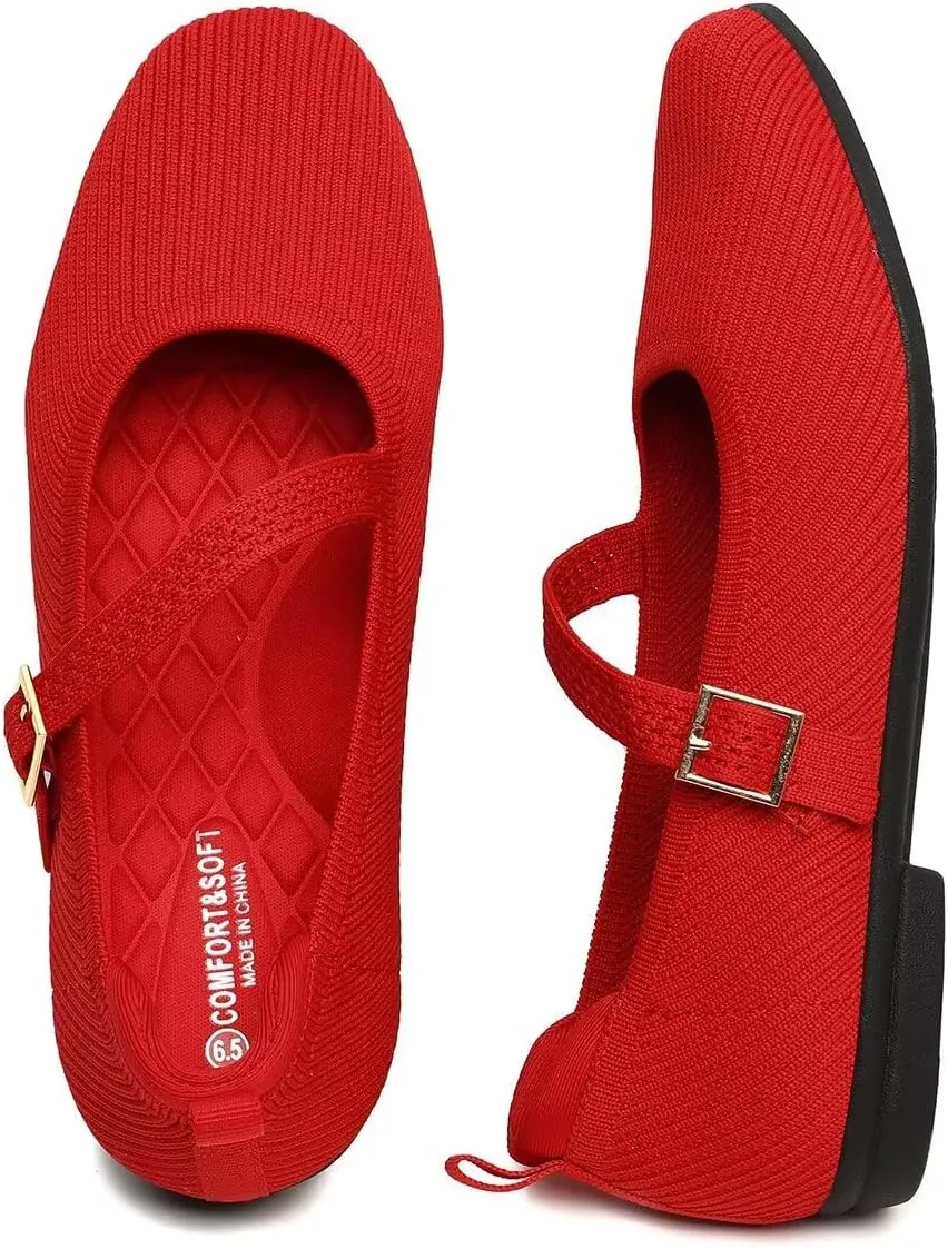 Women's Mary Jane Ballet Flats Square Toe Knit Ballerina Walking Dressy Office Slip-on Shoes with Strap