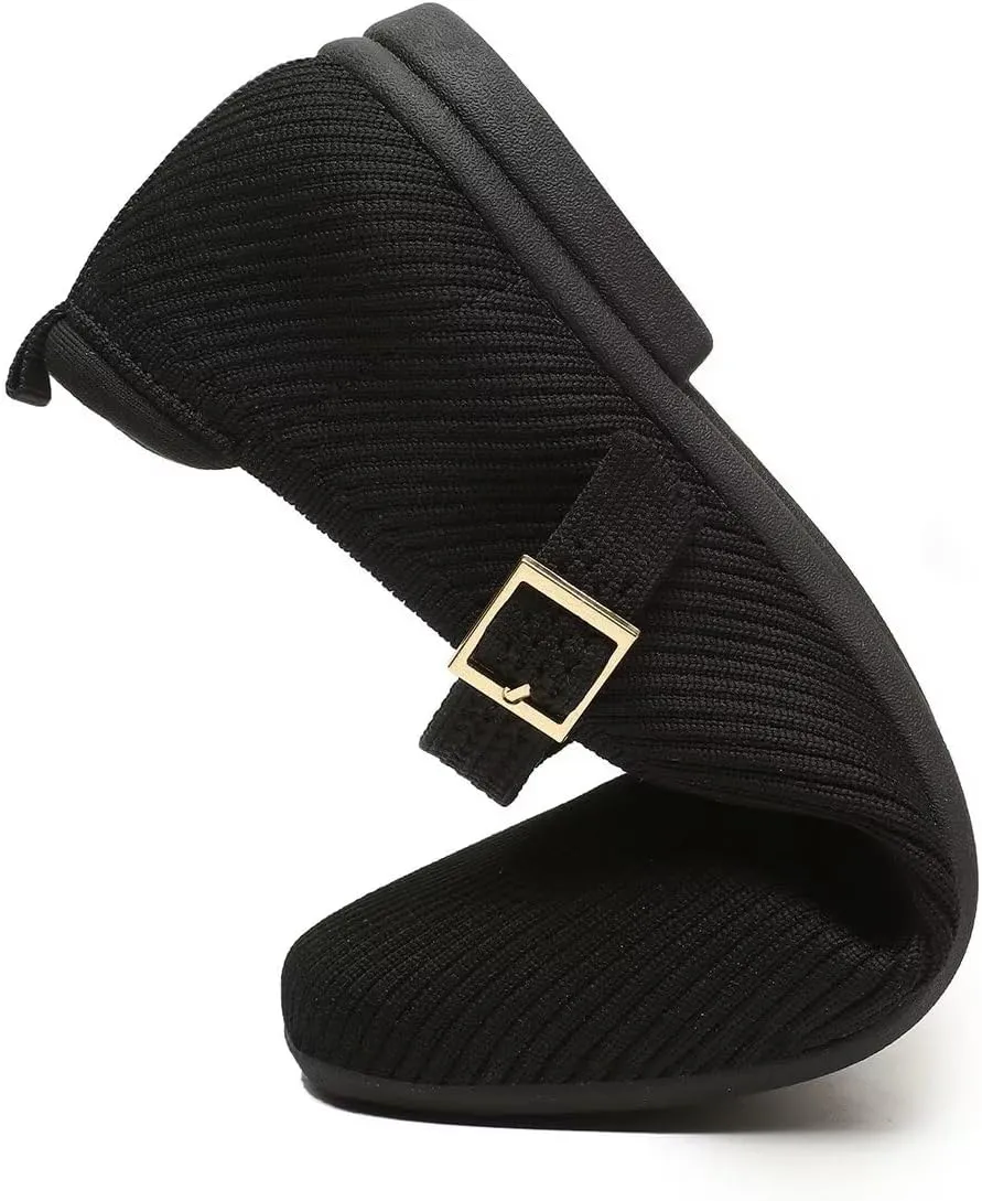 Women's Mary Jane Ballet Flats Square Toe Knit Ballerina Walking Dressy Office Slip-on Shoes with Strap