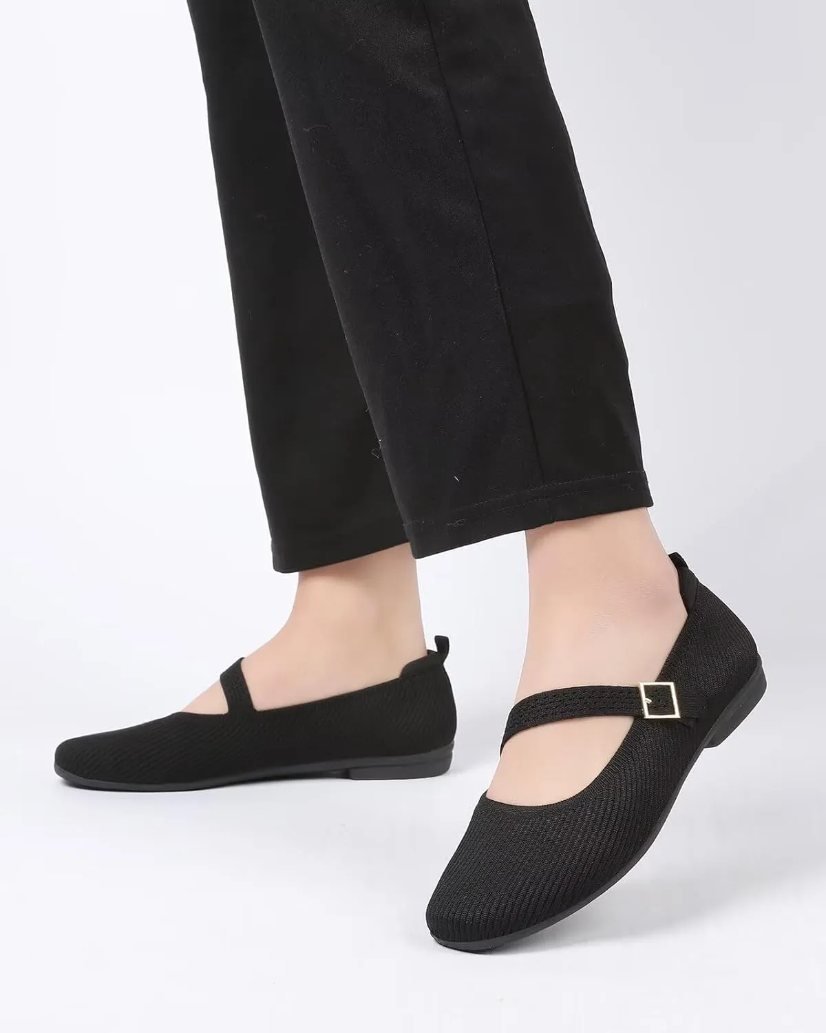 Women's Mary Jane Ballet Flats Square Toe Knit Ballerina Walking Dressy Office Slip-on Shoes with Strap