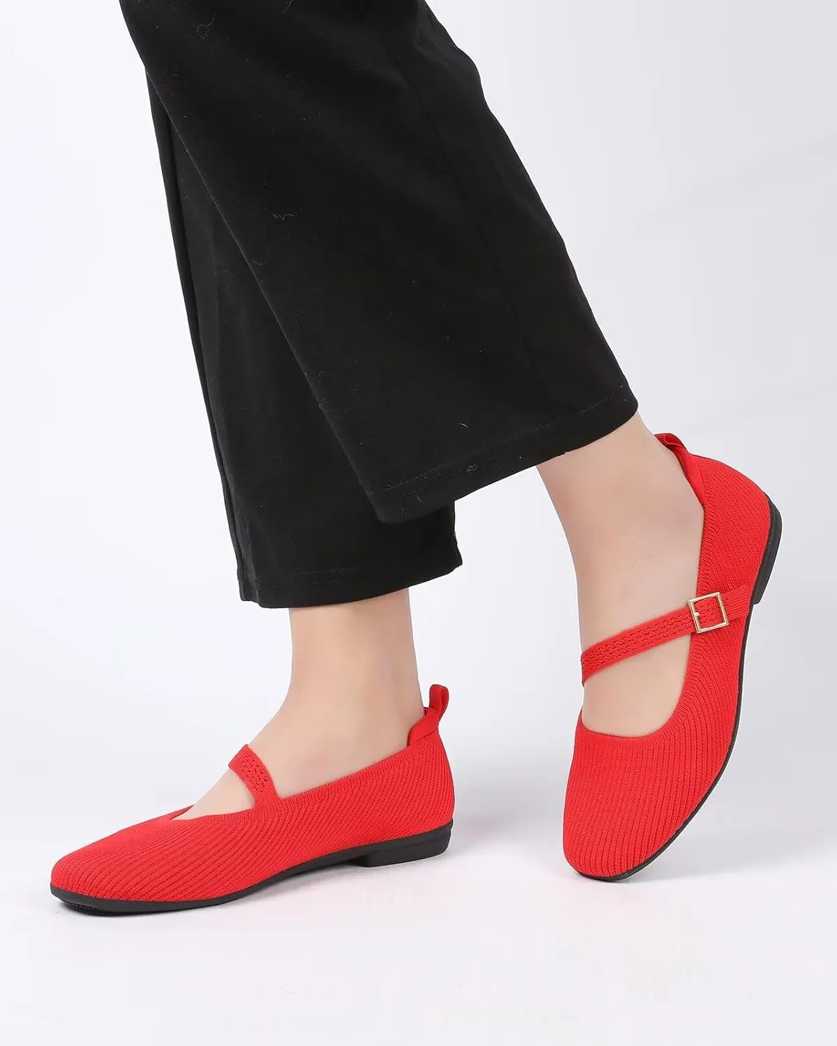 Women's Mary Jane Ballet Flats Square Toe Knit Ballerina Walking Dressy Office Slip-on Shoes with Strap