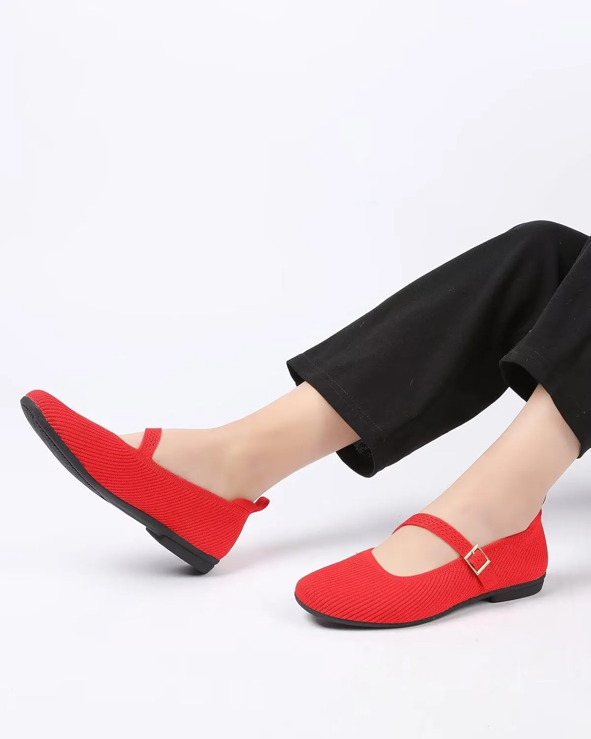 Women's Mary Jane Ballet Flats Square Toe Knit Ballerina Walking Dressy Office Slip-on Shoes with Strap