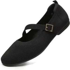 Women's Mary Jane Ballet Flats Square Toe Knit Ballerina Walking Dressy Office Slip-on Shoes with Strap