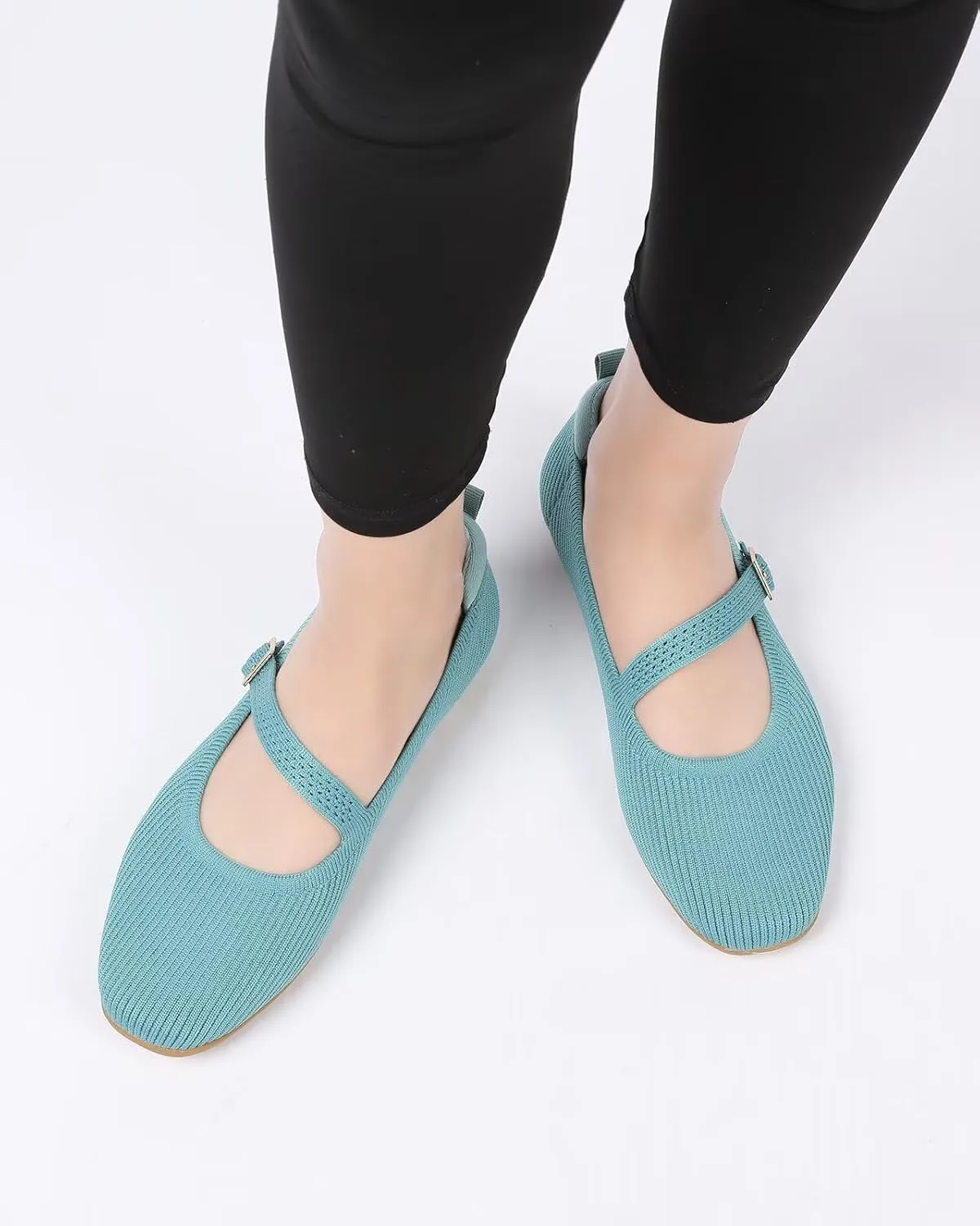 Women's Mary Jane Ballet Flats Square Toe Knit Ballerina Walking Dressy Office Slip-on Shoes with Strap