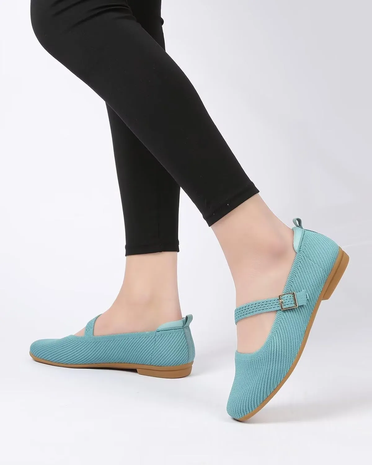 Women's Mary Jane Ballet Flats Square Toe Knit Ballerina Walking Dressy Office Slip-on Shoes with Strap