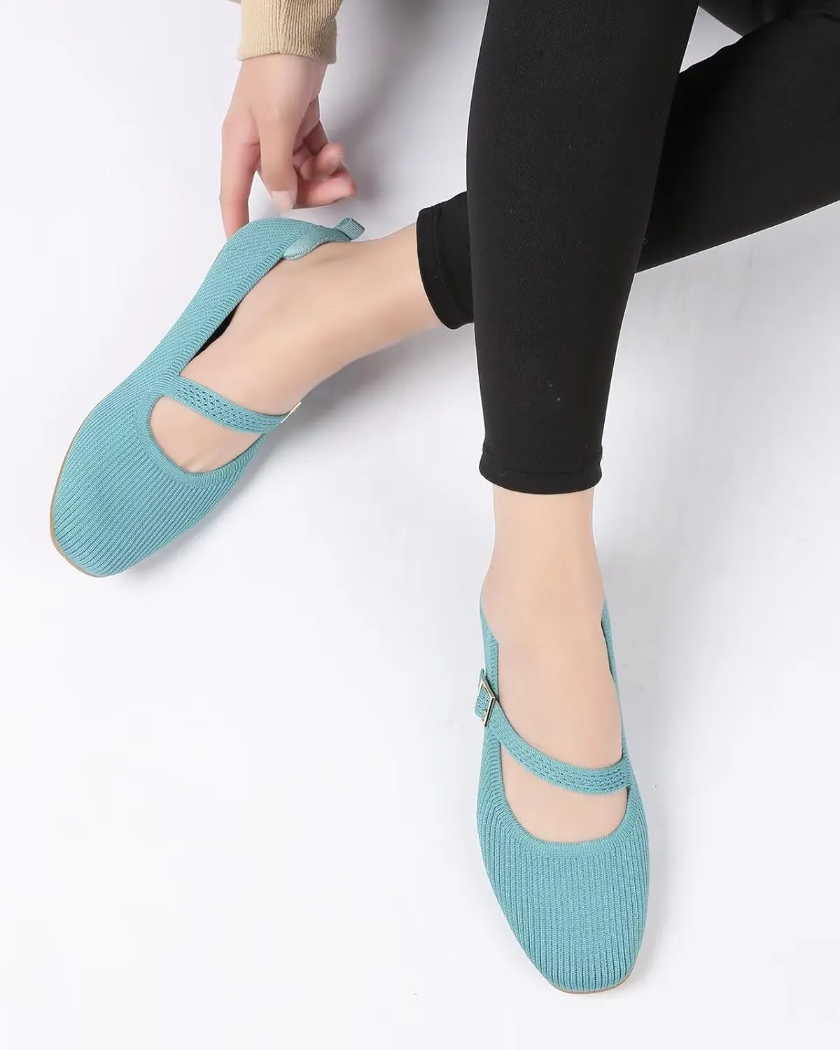 Women's Mary Jane Ballet Flats Square Toe Knit Ballerina Walking Dressy Office Slip-on Shoes with Strap