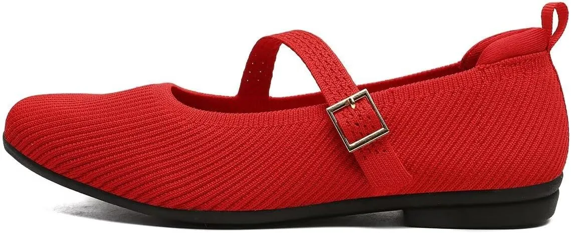 Women's Mary Jane Ballet Flats Square Toe Knit Ballerina Walking Dressy Office Slip-on Shoes with Strap