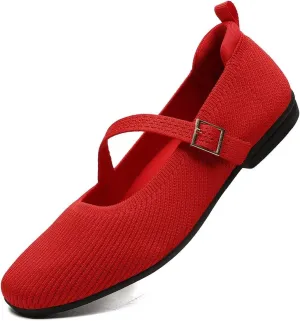 Women's Mary Jane Ballet Flats Square Toe Knit Ballerina Walking Dressy Office Slip-on Shoes with Strap