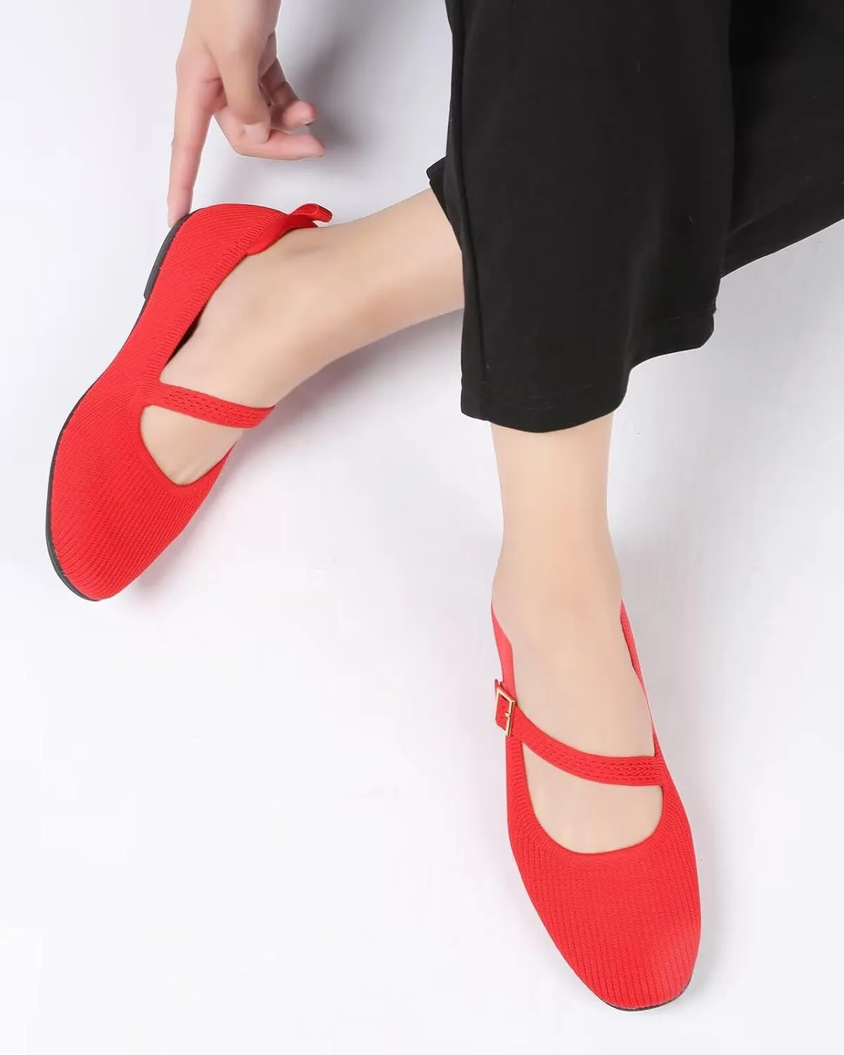 Women's Mary Jane Ballet Flats Square Toe Knit Ballerina Walking Dressy Office Slip-on Shoes with Strap