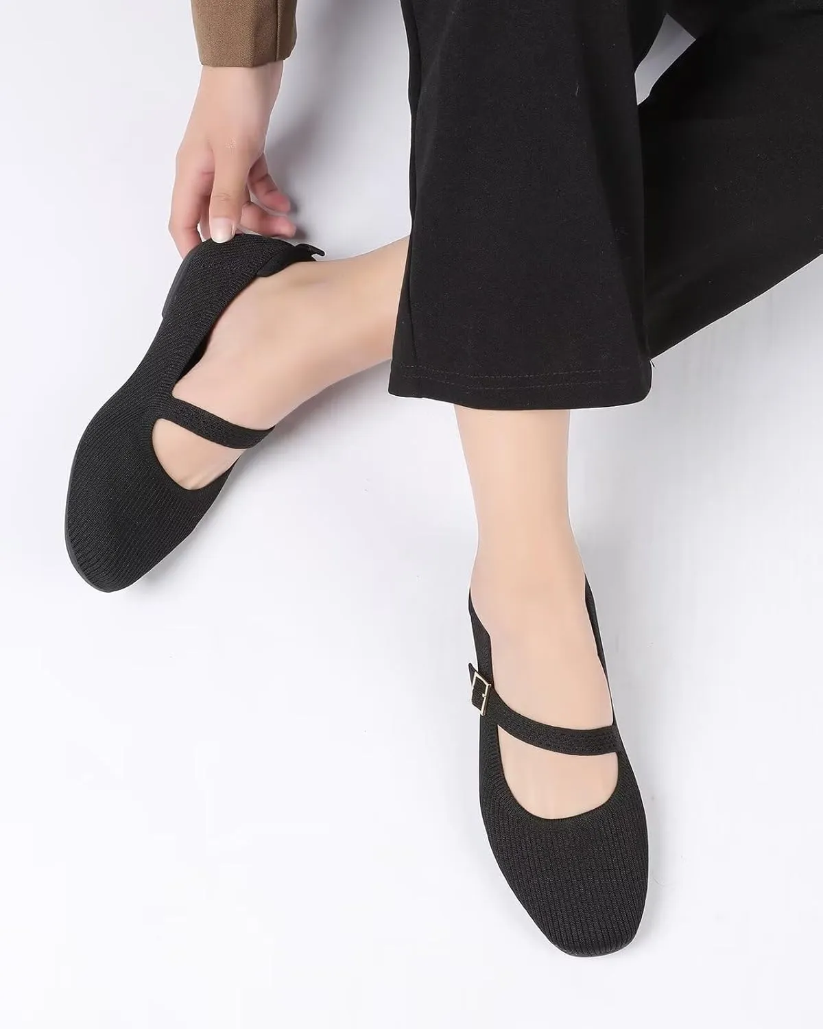 Women's Mary Jane Ballet Flats Square Toe Knit Ballerina Walking Dressy Office Slip-on Shoes with Strap