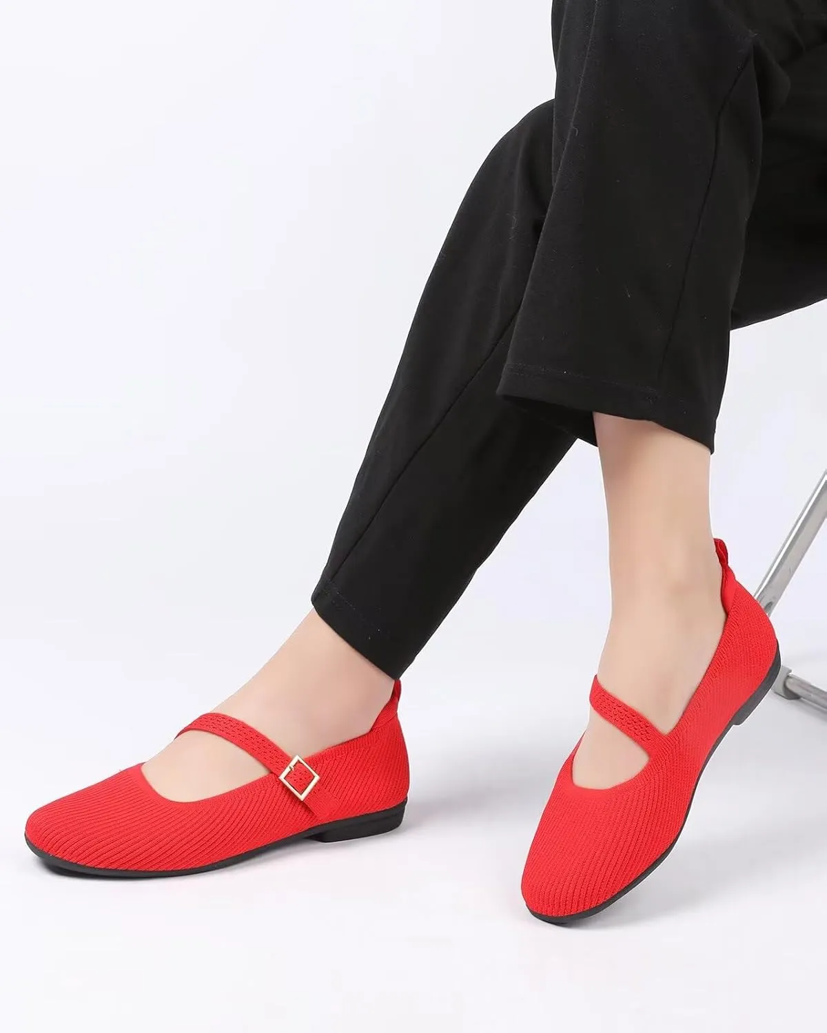 Women's Mary Jane Ballet Flats Square Toe Knit Ballerina Walking Dressy Office Slip-on Shoes with Strap