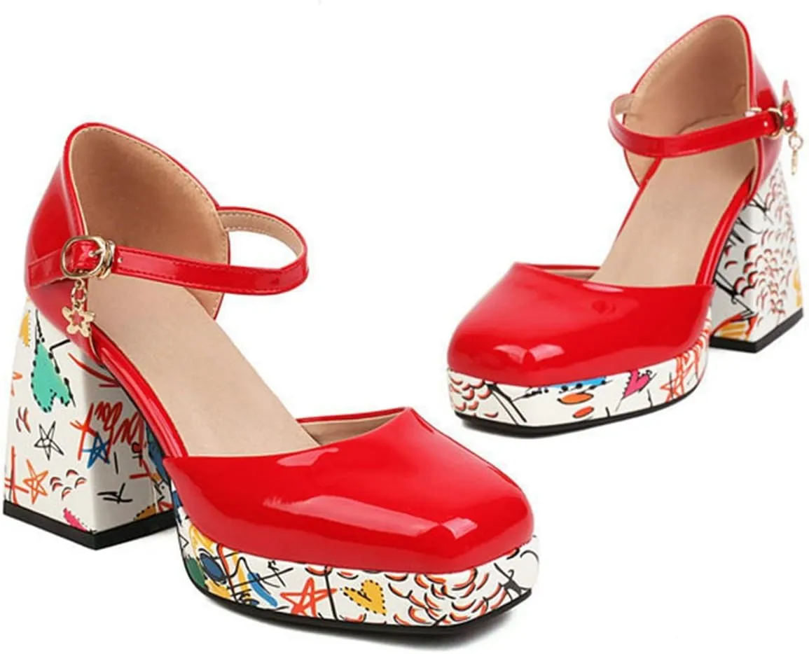 Women's Mary Jane Sandals Pumps Platform Printed Block High Heel Square Toe Ankle Strap Dress Shoes