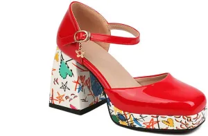 Women's Mary Jane Sandals Pumps Platform Printed Block High Heel Square Toe Ankle Strap Dress Shoes