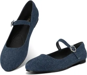 Womens Mary Jane Shoes Comfortable Strap Flats Dressy Casual Ballet Flats Shoes Floral Buckle Round Toe Black Flats Shoes for Women