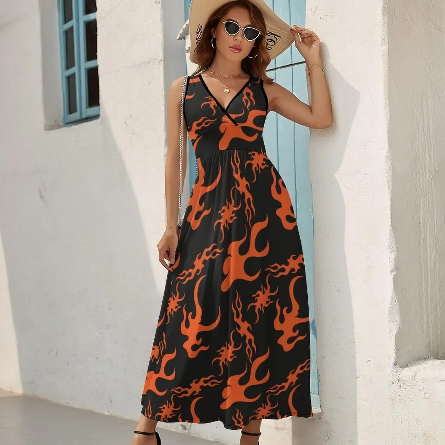 Women's Maxi Long Dress Fire Cartoon Skull Casual Sleeveless Summer Beach Dress