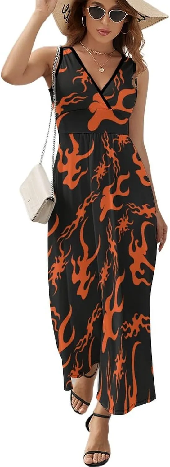 Women's Maxi Long Dress Fire Cartoon Skull Casual Sleeveless Summer Beach Dress