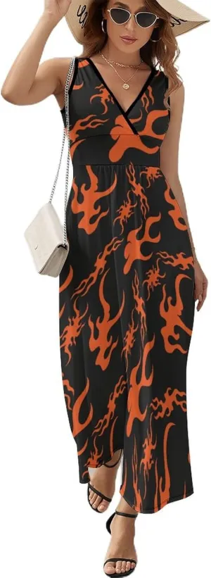 Women's Maxi Long Dress Fire Cartoon Skull Casual Sleeveless Summer Beach Dress