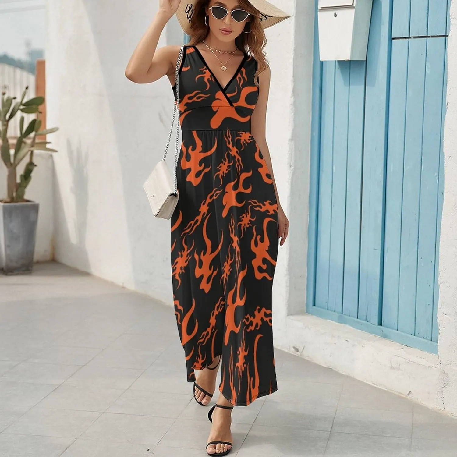 Women's Maxi Long Dress Fire Cartoon Skull Casual Sleeveless Summer Beach Dress