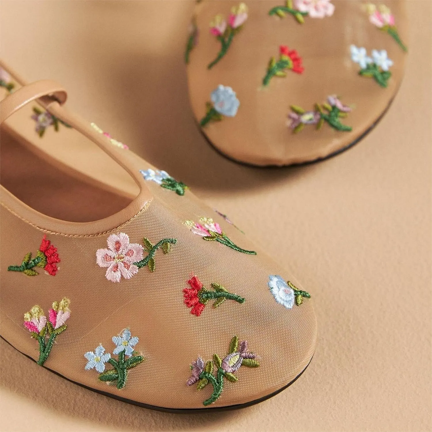 Women's Mesh Ballet Flats Embroidered Floral Mary Jane Flats Casual Comfortable Round Toe Ballerina Shoes