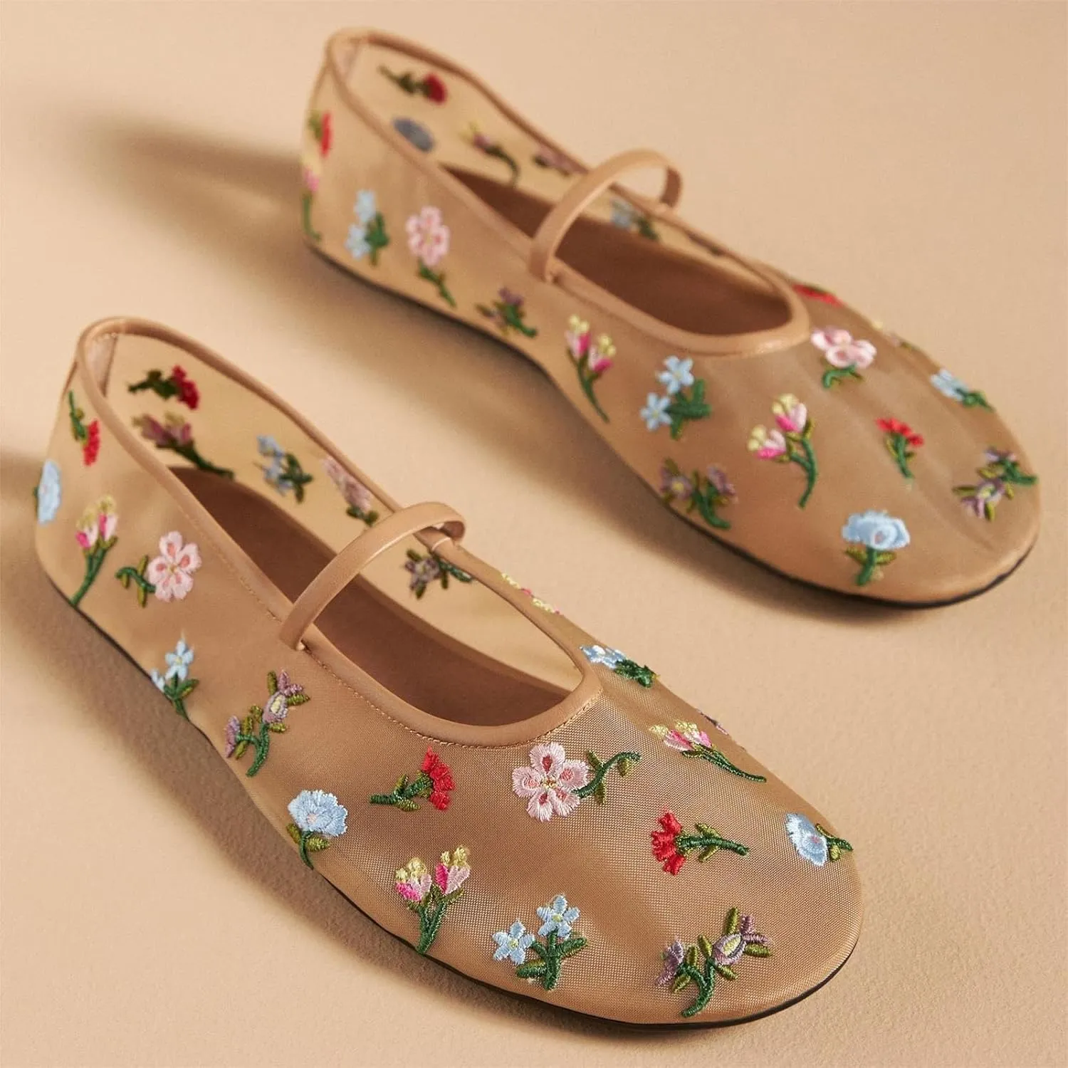 Women's Mesh Ballet Flats Embroidered Floral Mary Jane Flats Casual Comfortable Round Toe Ballerina Shoes