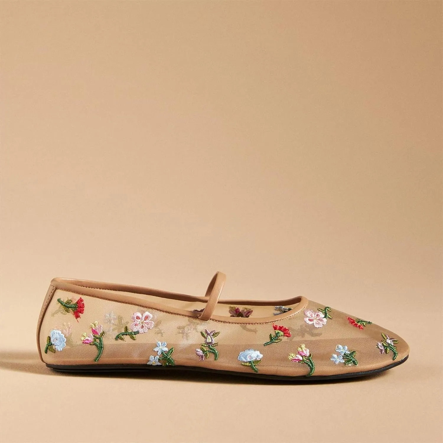 Women's Mesh Ballet Flats Embroidered Floral Mary Jane Flats Casual Comfortable Round Toe Ballerina Shoes